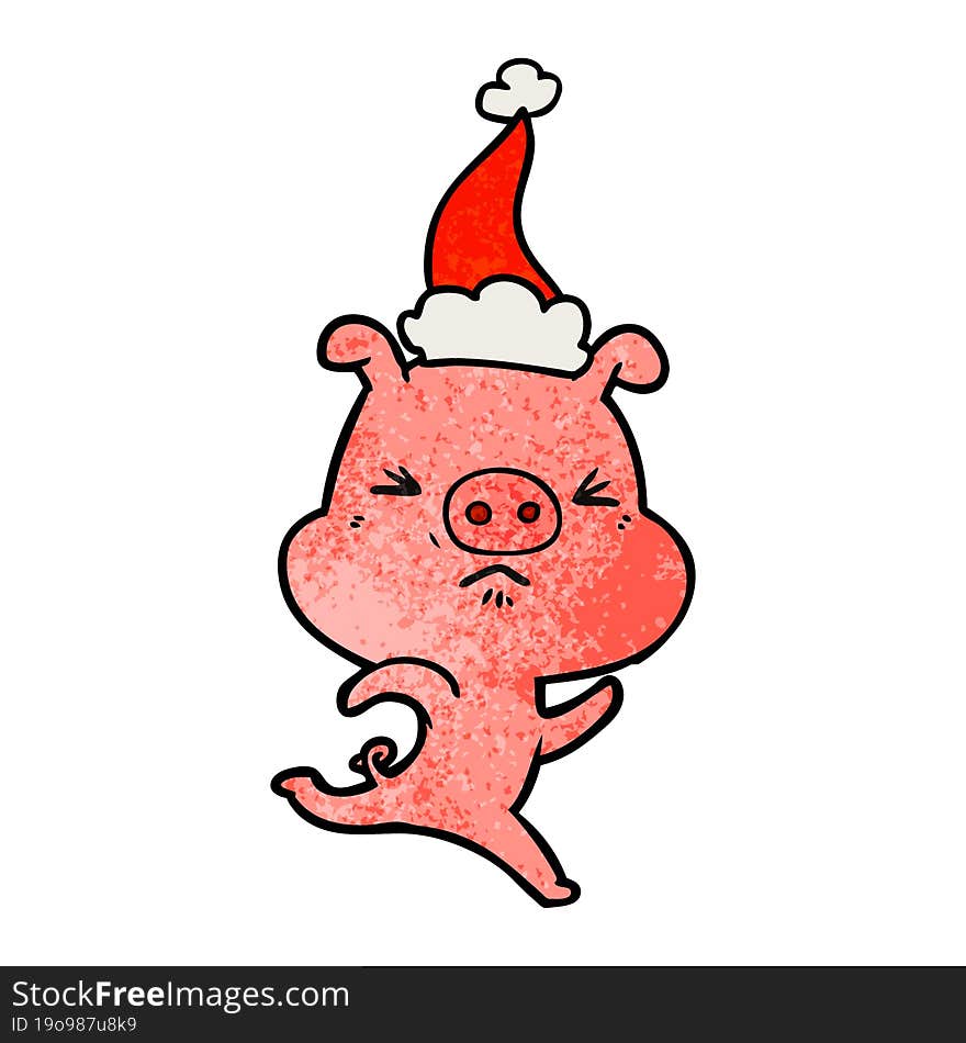 textured cartoon of a annoyed pig running wearing santa hat