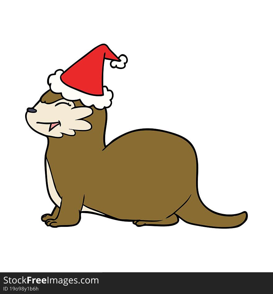 laughing otter line drawing of a wearing santa hat