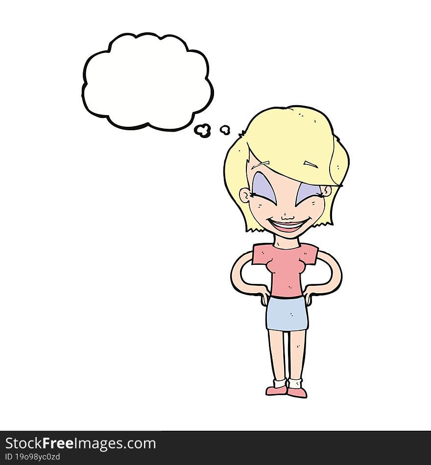 cartoon woman with hands on hips with thought bubble