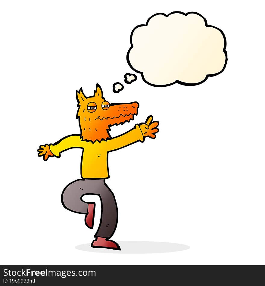 cartoon happy fox man with thought bubble