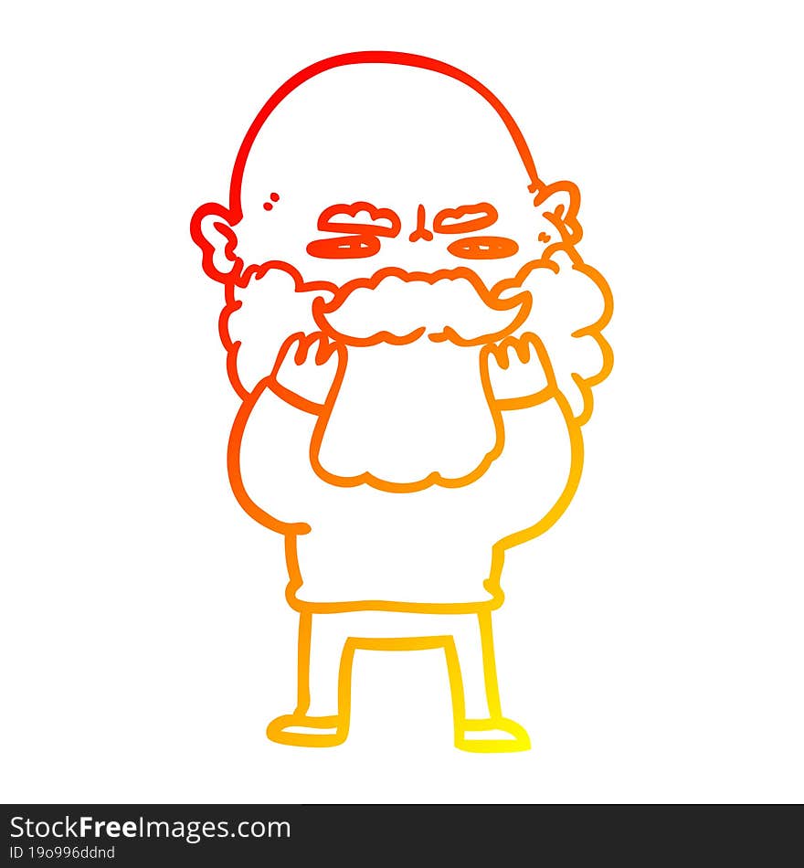 warm gradient line drawing cartoon man with beard frowning checking his beard