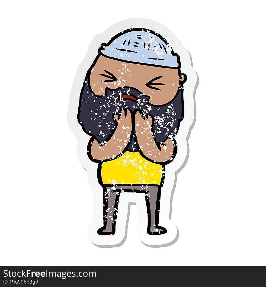 distressed sticker of a cartoon man with beard