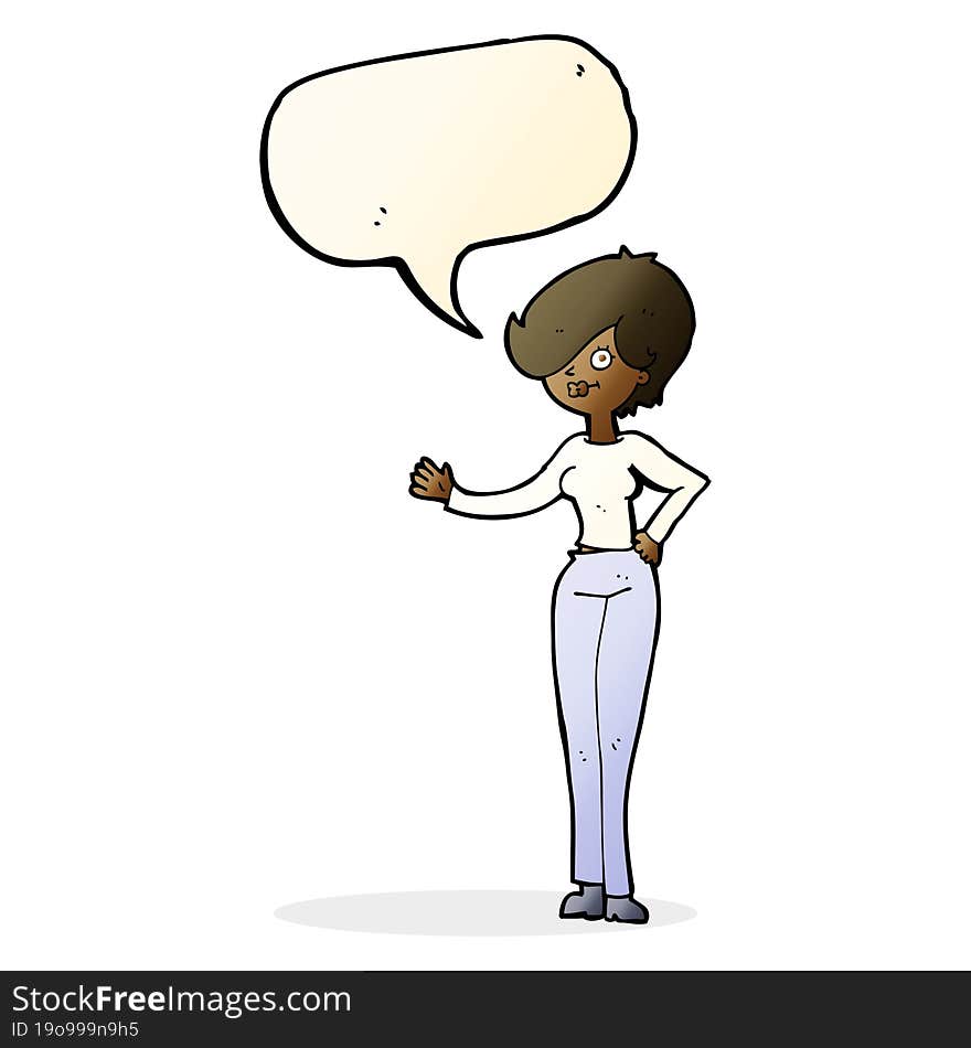 cartoon woman waving with speech bubble