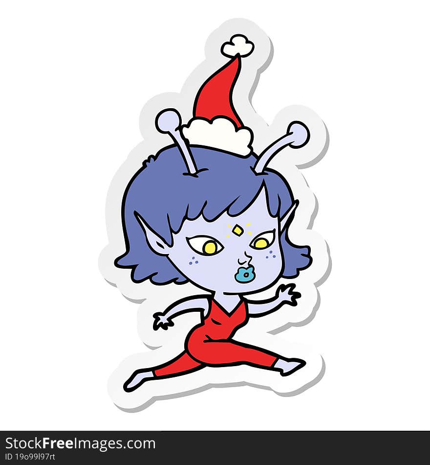 pretty sticker cartoon of a alien girl running wearing santa hat