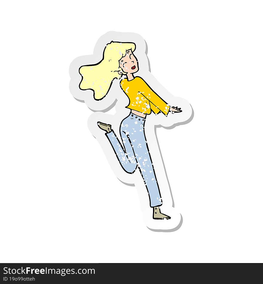 retro distressed sticker of a cartoon happy girl kicking out leg