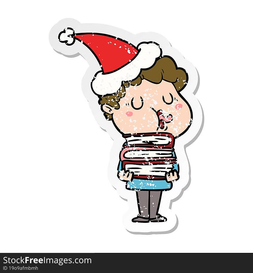 distressed sticker cartoon of a man singing wearing santa hat