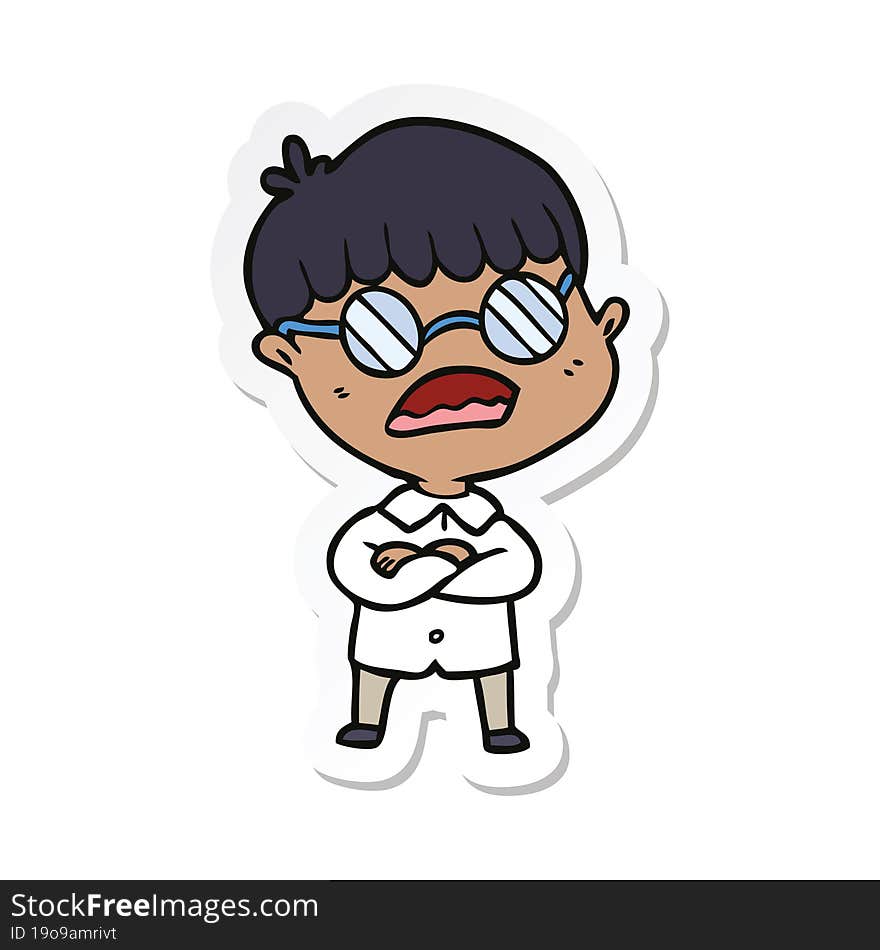 sticker of a cartoon boy with crossed arms wearing spectacles