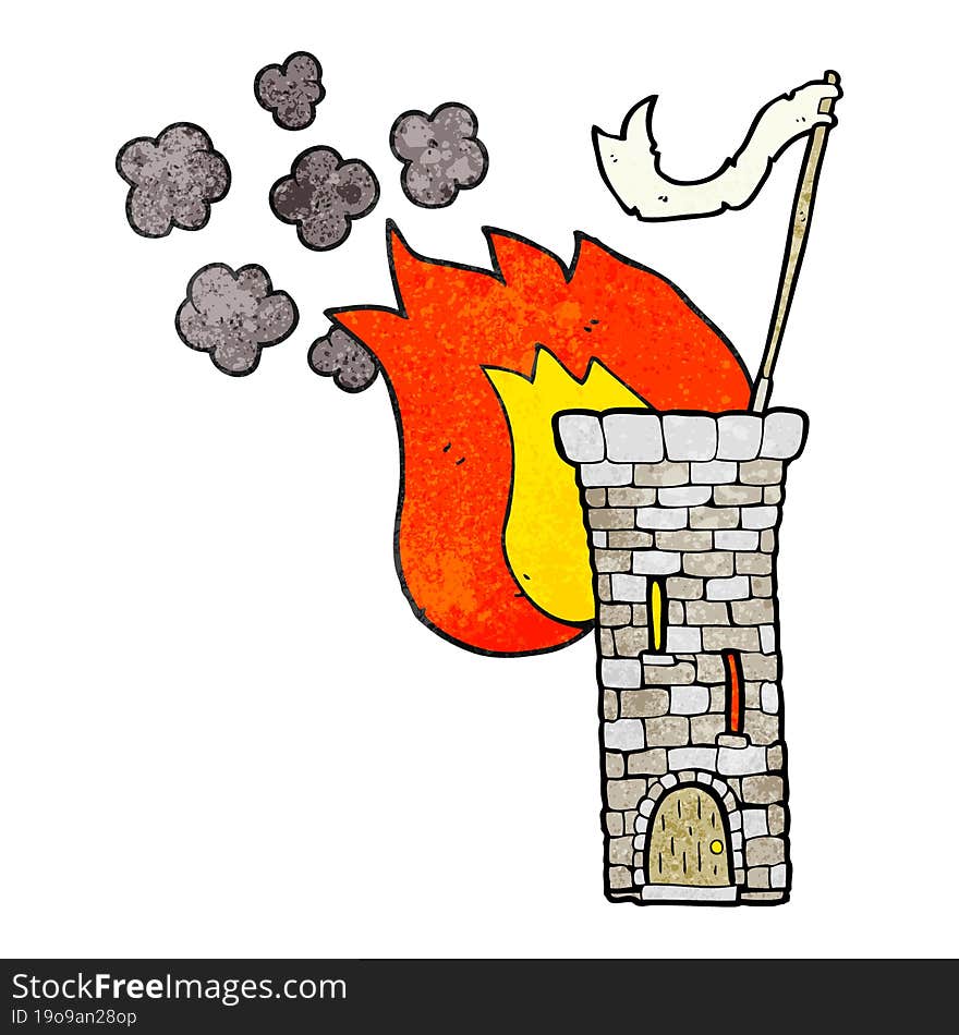 freehand textured cartoon old castle tower waving white flag