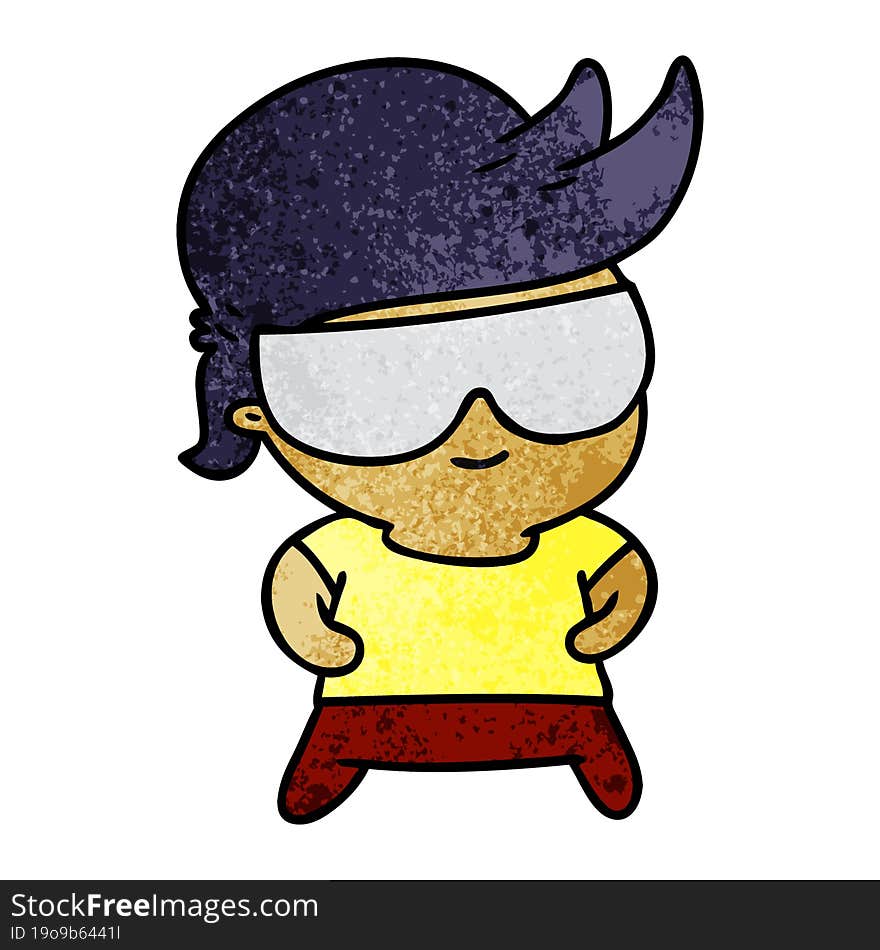 textured cartoon illustration kawaii kid with shades. textured cartoon illustration kawaii kid with shades