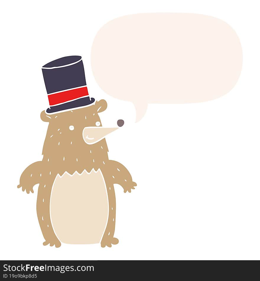 cartoon bear in top hat and speech bubble in retro style