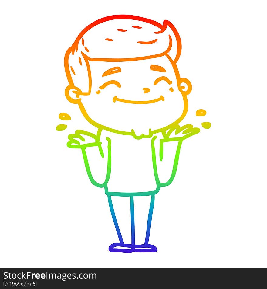 rainbow gradient line drawing happy cartoon man shrugging