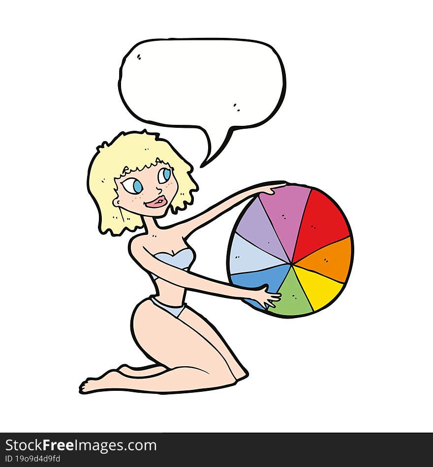 Cartoon Bikini Girl With Beach Ball With Speech Bubble