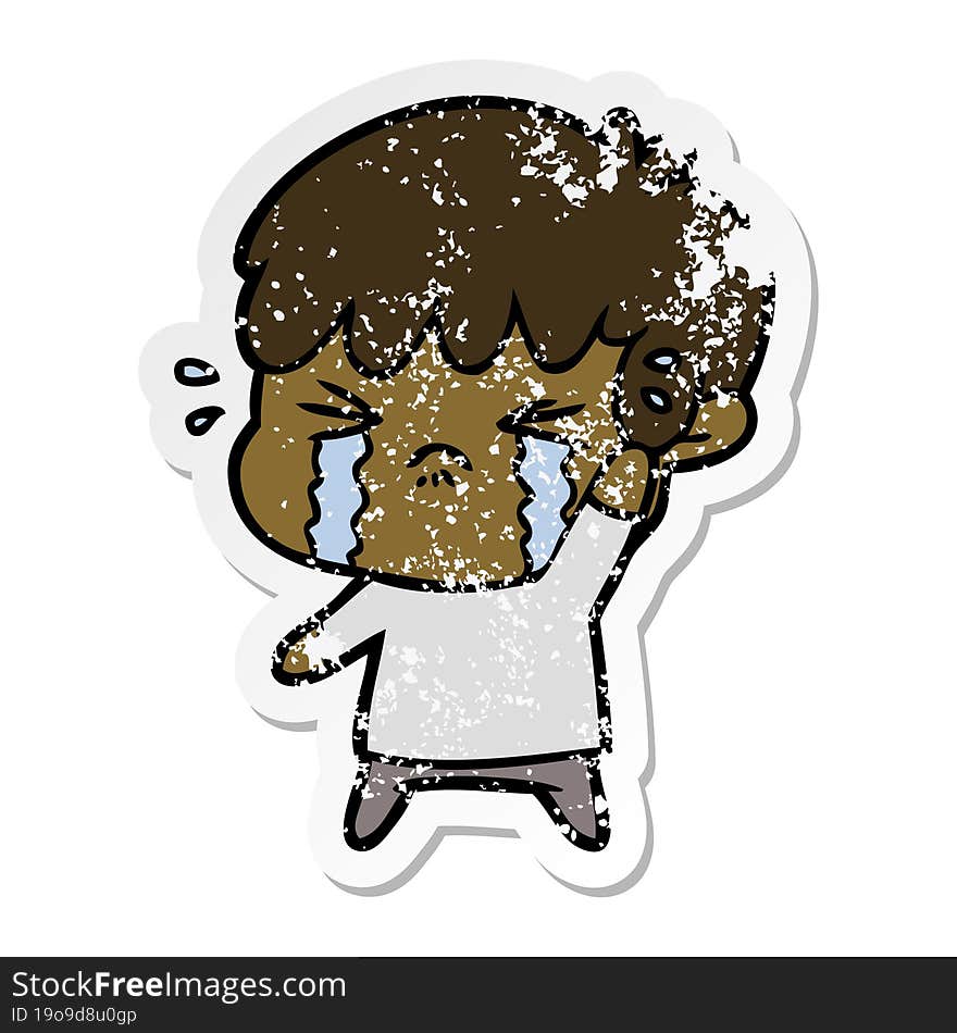 distressed sticker of a cartoon boy crying