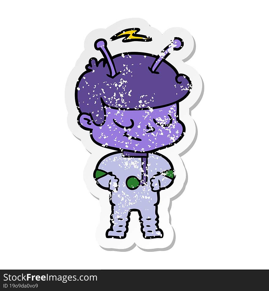 distressed sticker of a friendly cartoon spaceman