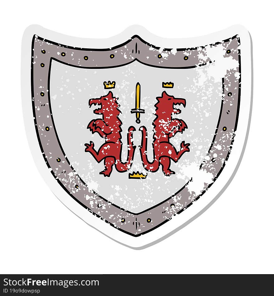 distressed sticker of a cartoon heraldic shield