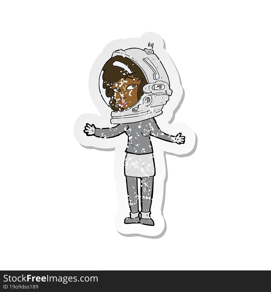 retro distressed sticker of a cartoon woman wearing astronaut helmet