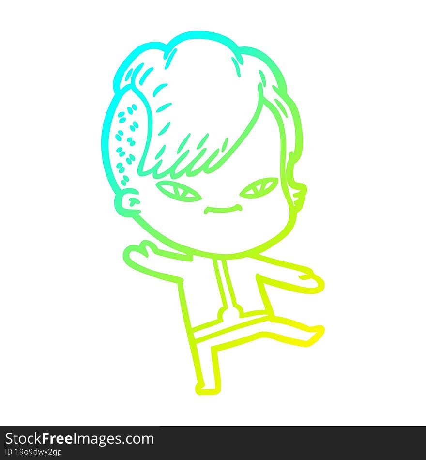 cold gradient line drawing cute cartoon girl with hipster haircut