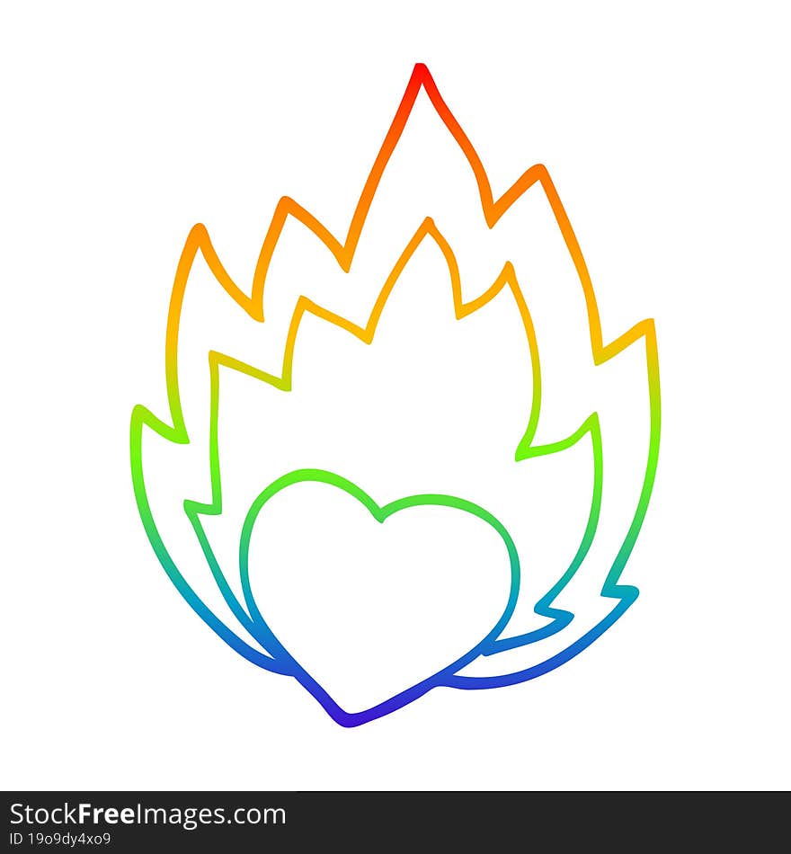 rainbow gradient line drawing of a cartoon flaming heart