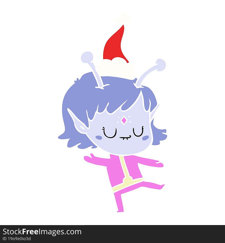 hand drawn flat color illustration of a alien girl wearing santa hat