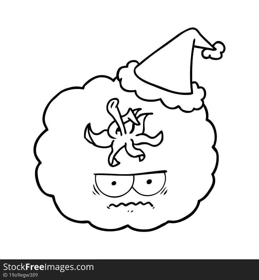 hand drawn line drawing of a angry tomato wearing santa hat