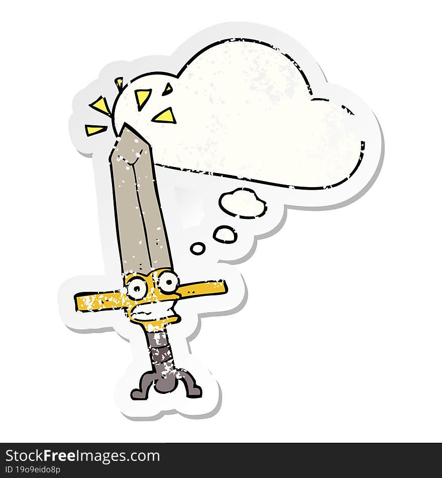 cartoon magic sword and thought bubble as a distressed worn sticker