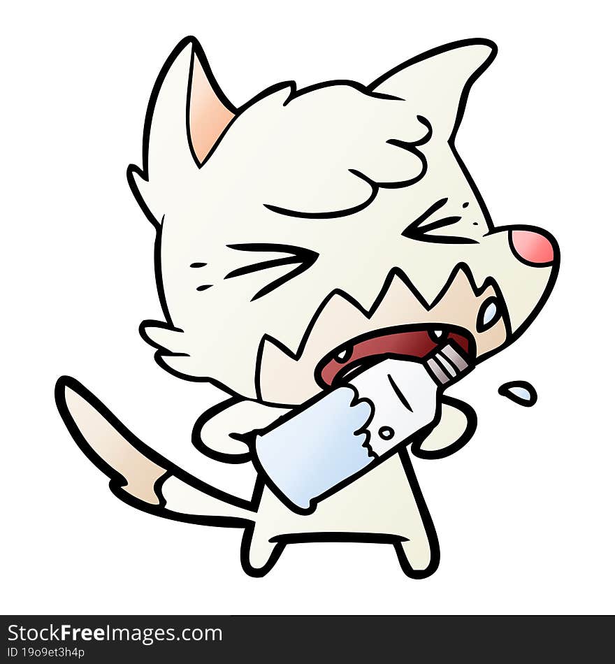 angry cartoon fox opening water bottle. angry cartoon fox opening water bottle