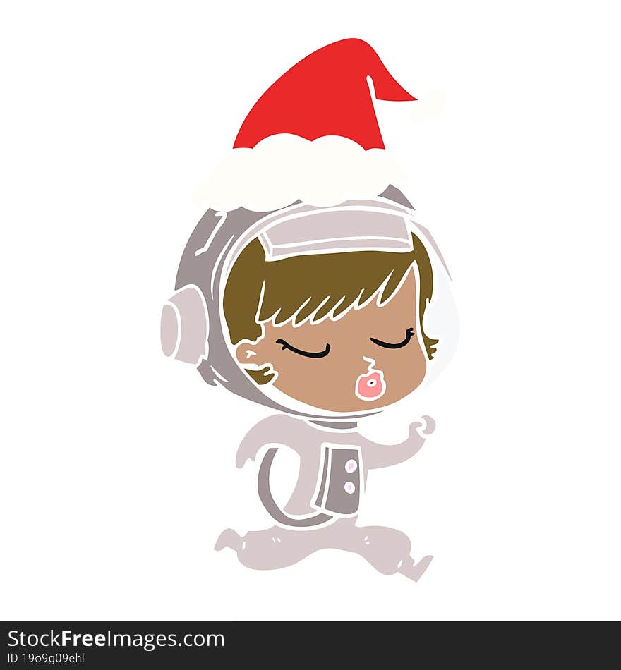 Flat Color Illustration Of A Pretty Astronaut Girl Running Wearing Santa Hat