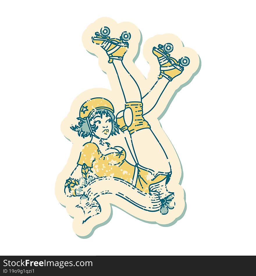 distressed sticker tattoo in traditional style of a pinup roller derby girl with banner. distressed sticker tattoo in traditional style of a pinup roller derby girl with banner