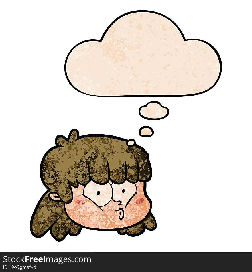 Cartoon Female Face And Thought Bubble In Grunge Texture Pattern Style