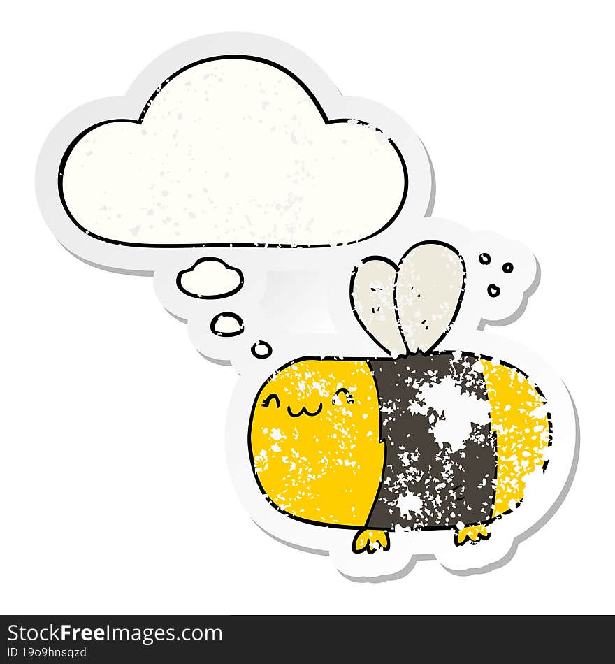 cute cartoon bee and thought bubble as a distressed worn sticker