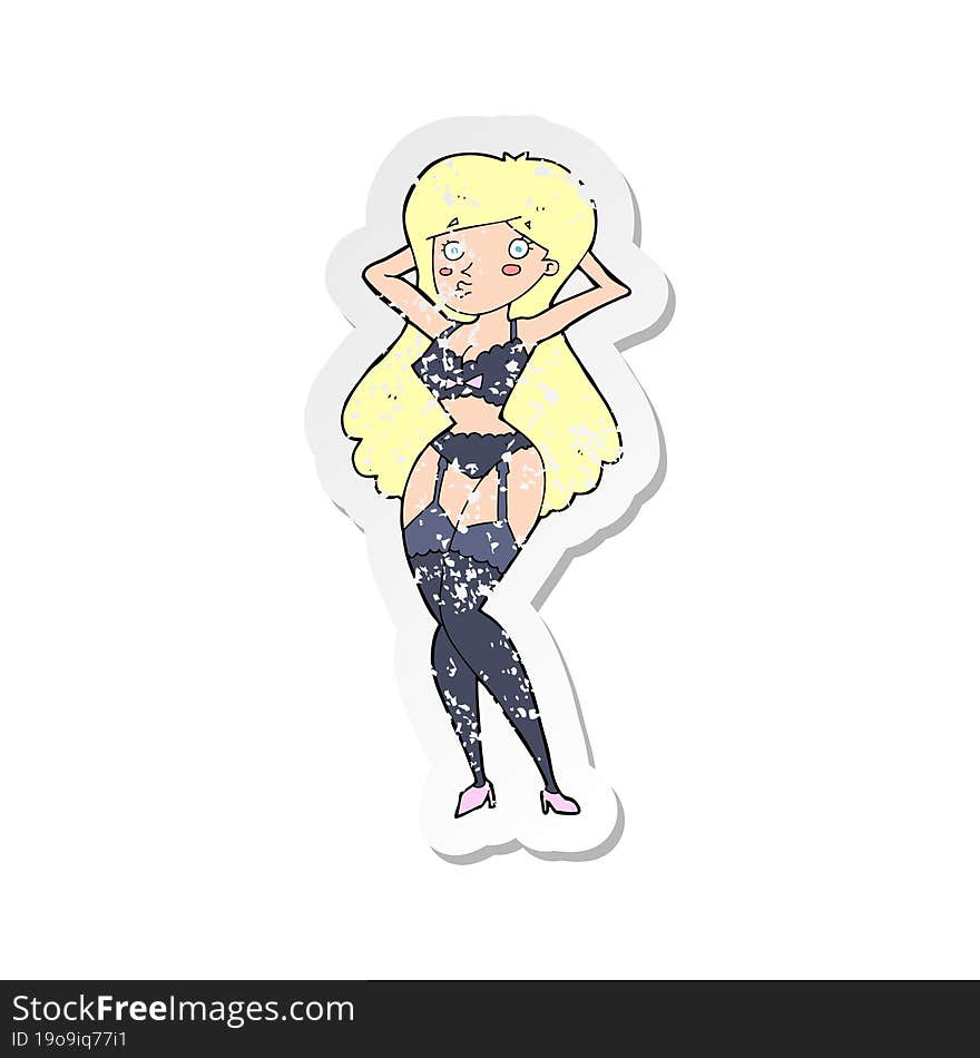 retro distressed sticker of a cartoon woman in lingerie