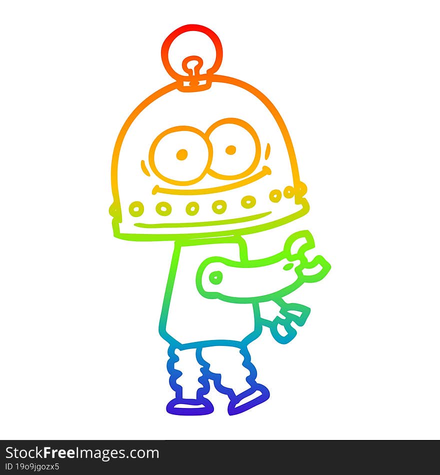 rainbow gradient line drawing of a happy carton robot with light bulb