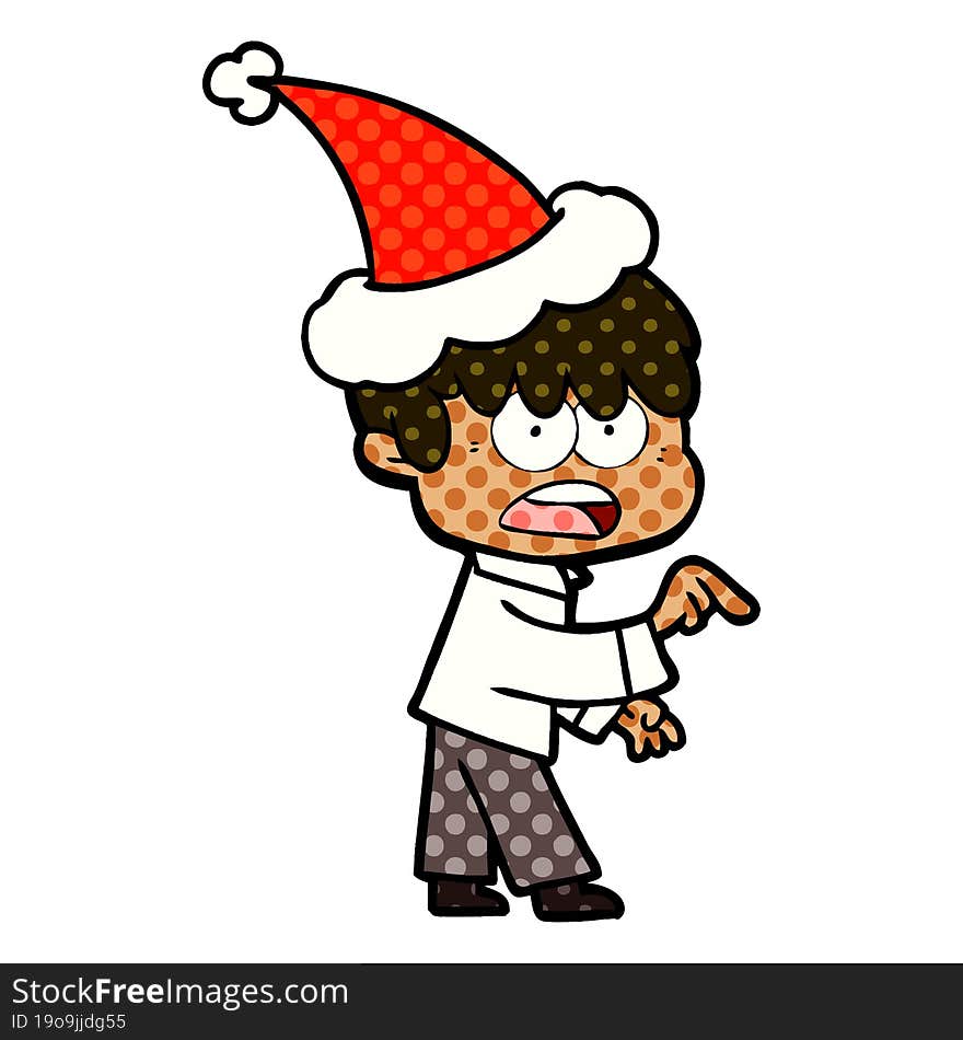 worried comic book style illustration of a boy wearing santa hat