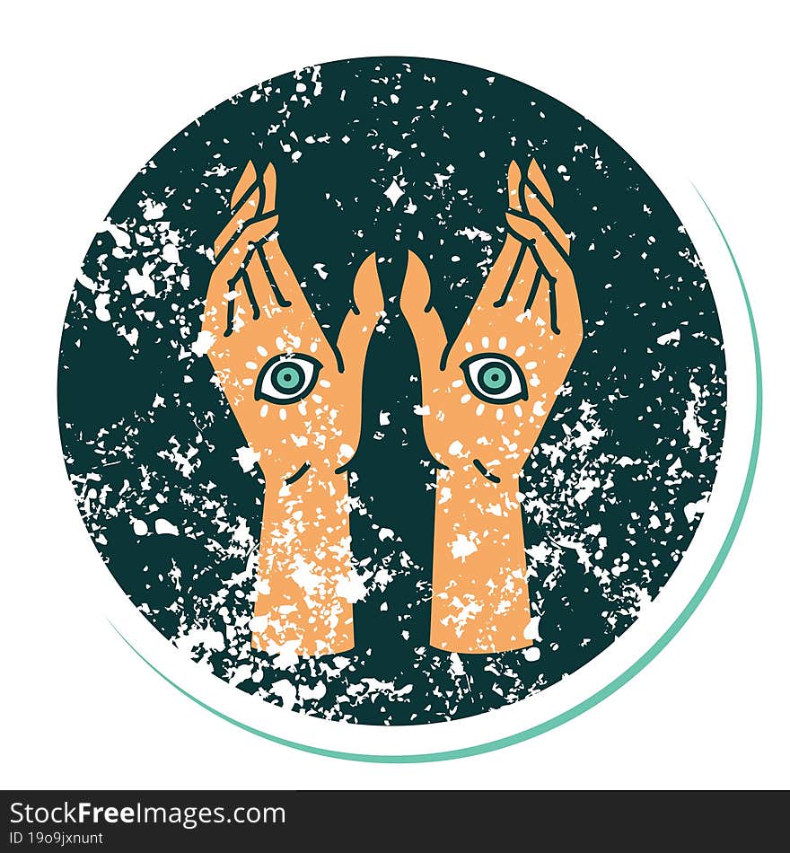 distressed sticker tattoo style icon of mystic hands