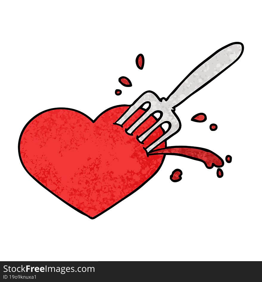 cartoon love heart stuck with fork. cartoon love heart stuck with fork