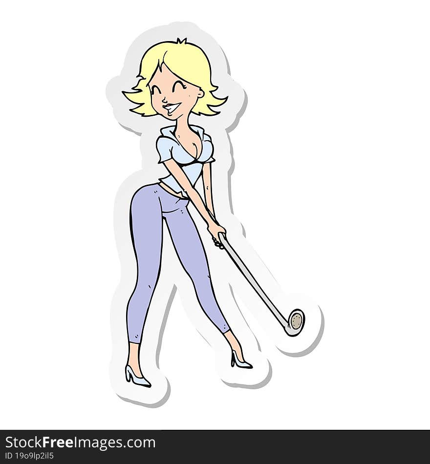 sticker of a cartoon woman playing golf