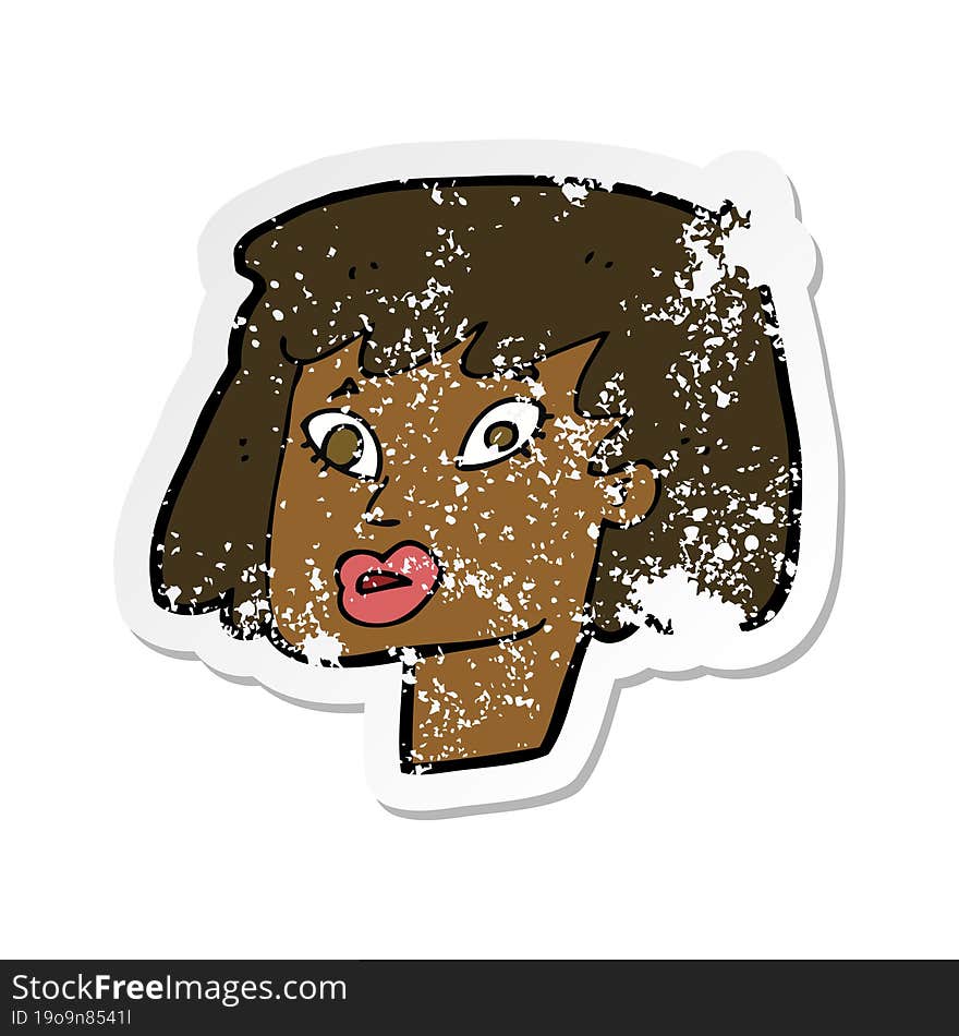 retro distressed sticker of a cartoon pretty female face