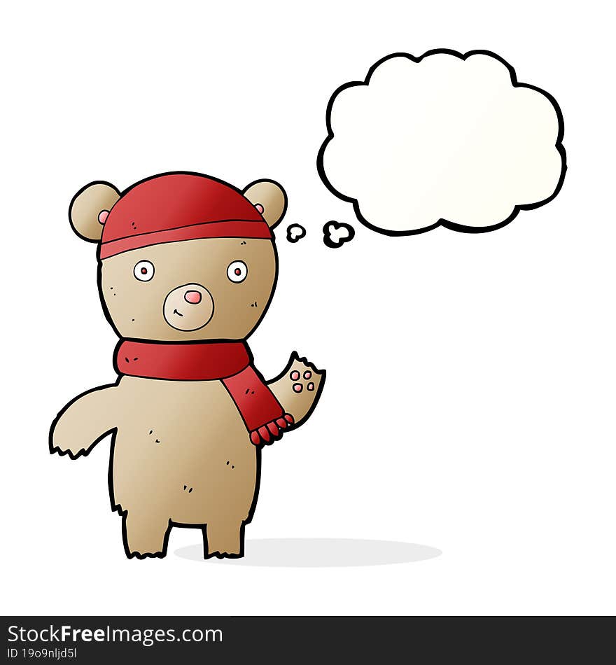 cartoon waving teddy bear with thought bubble