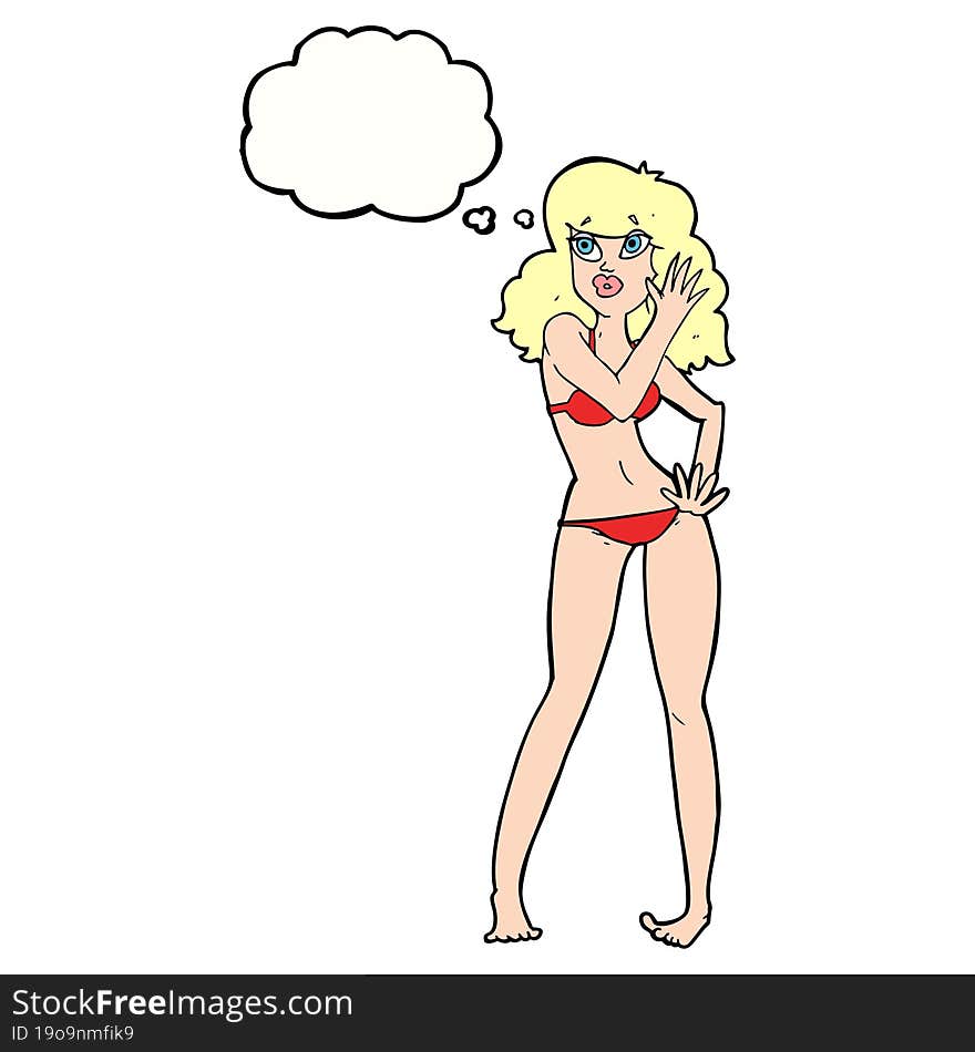 Cartoon Pretty Woman In Bikini With Thought Bubble