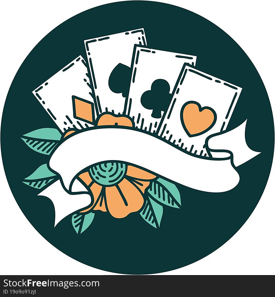 iconic tattoo style image of cards and banner. iconic tattoo style image of cards and banner