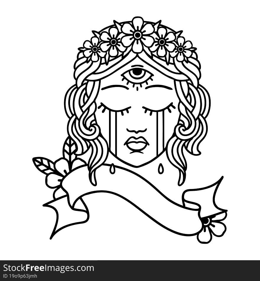 Black Linework Tattoo With Banner Of Female Face With Third Eye Crying