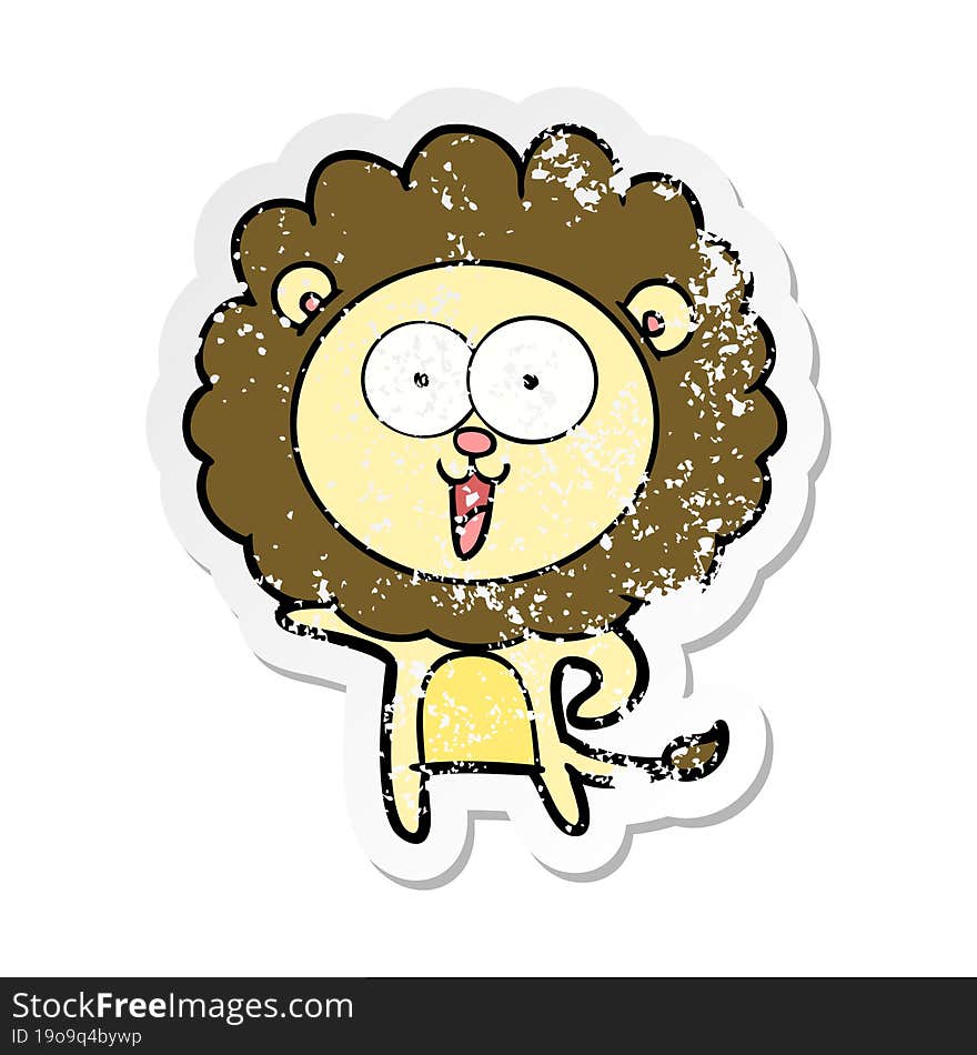 distressed sticker of a happy cartoon lion