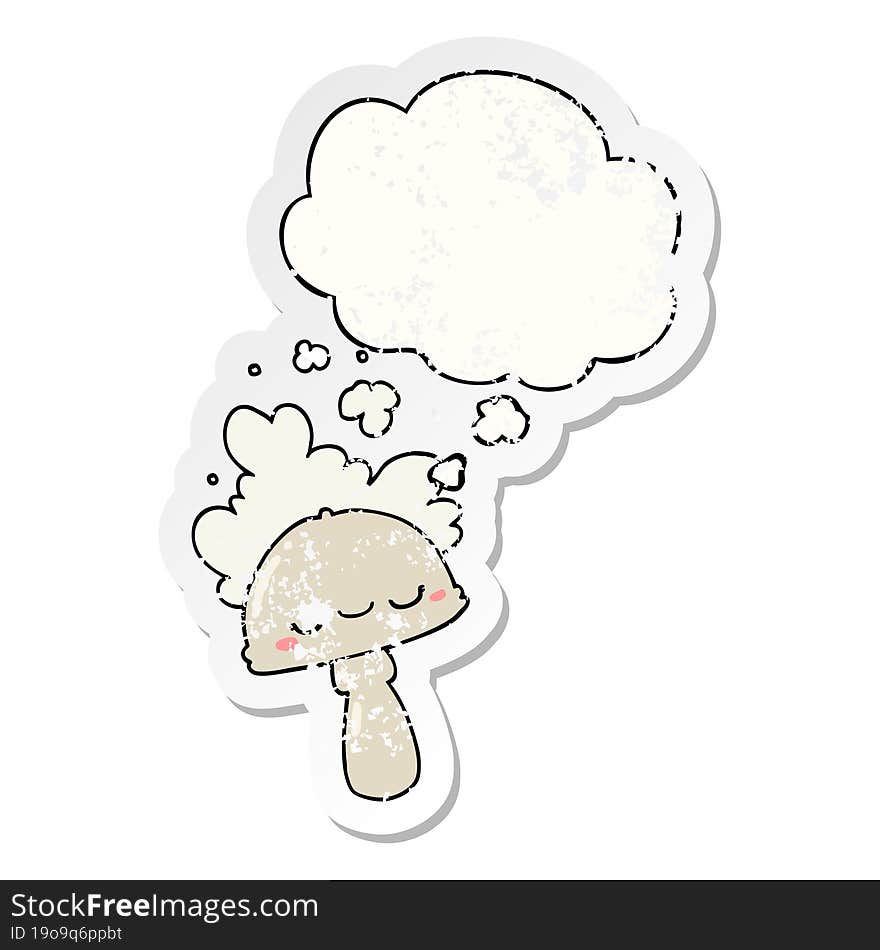 cartoon mushroom with spoor cloud with thought bubble as a distressed worn sticker