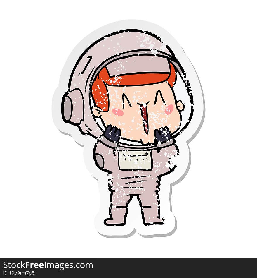 distressed sticker of a happy cartoon astronaut