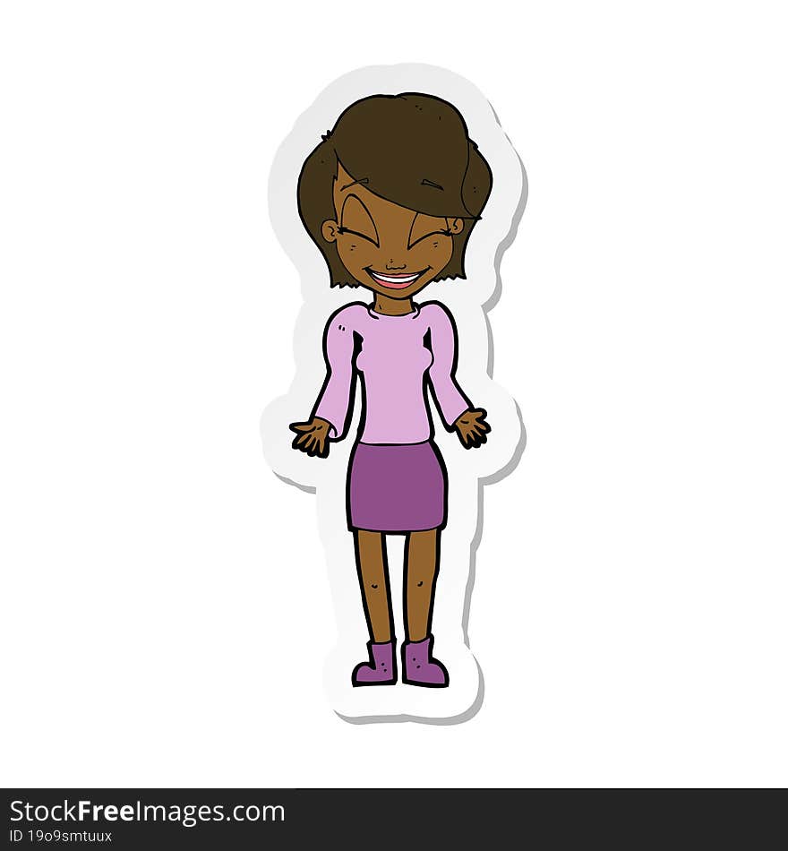 Sticker Of A Cartoon Happy Woman Shrugging Shoulders