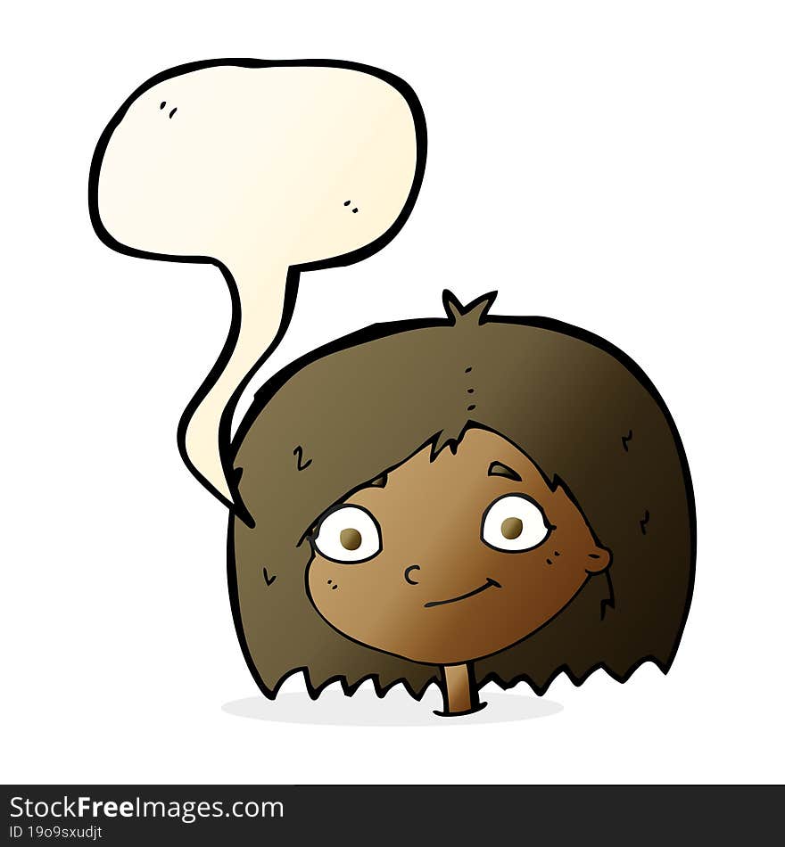 cartoon happy female face with speech bubble