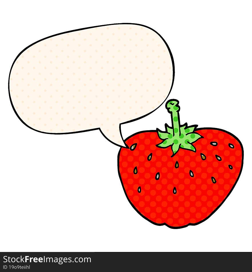 cartoon strawberry and speech bubble in comic book style