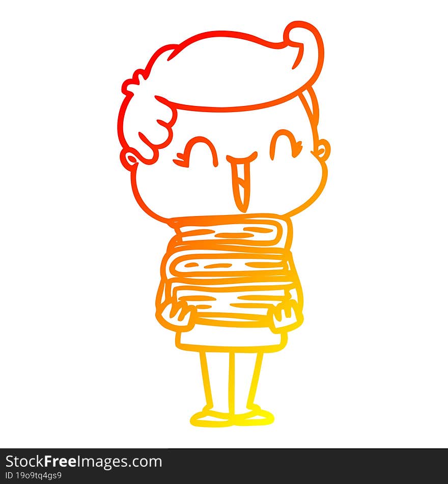 warm gradient line drawing of a cartoon laughing boy carrying books