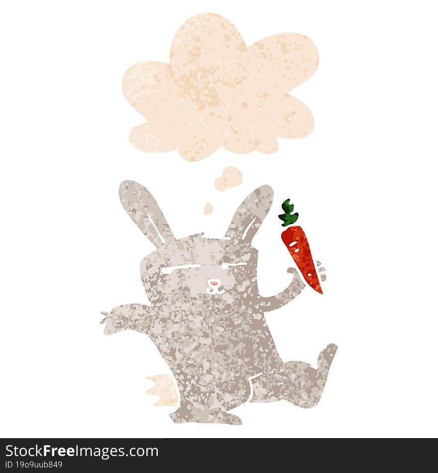 cartoon rabbit with carrot and thought bubble in retro textured style