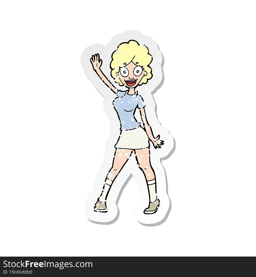 Retro Distressed Sticker Of A Cartoon Woman Dancing